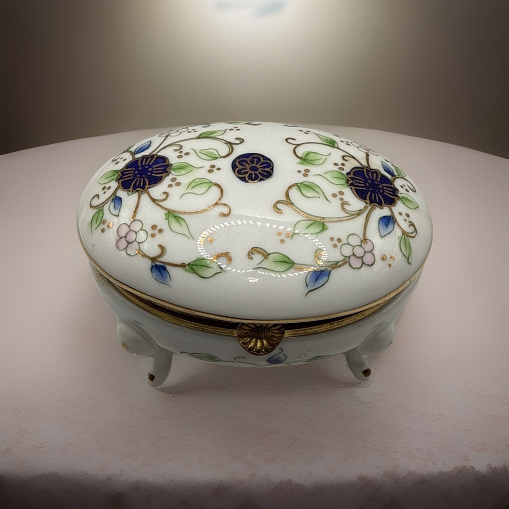 Vintage Ucagco Ceramic Floral Foot Trinket Jewelry Pill Box Blue Gold Brass Rim